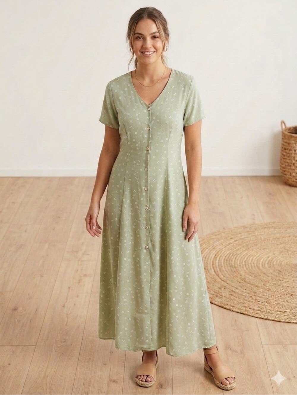 Revival Sage Green Floral Button-Front Midi Dress Cottagecore Casual Romantic L